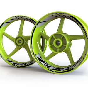 May include: Two green motorcycle wheels with black and white YZF-R6 decals. The wheels have five spokes and a black centre cap.
