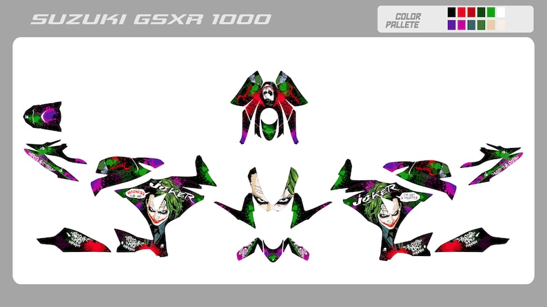 May include: Motorcycle graphics featuring a Joker design with green, black, purple, and red colors. The graphics include the word "Joker" and a comic book style image of the Joker.