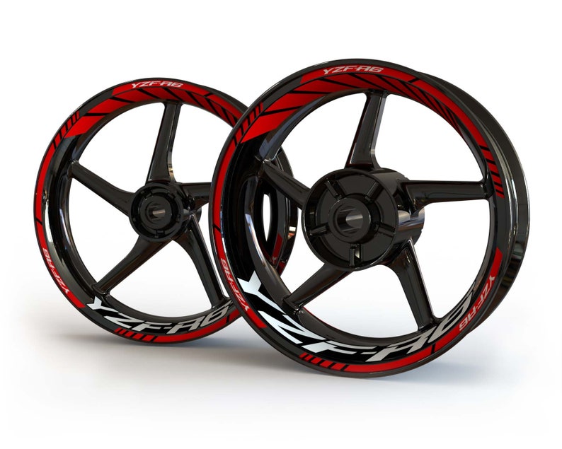 May include: Two black motorcycle wheels with red and white YZF-R6 decals.