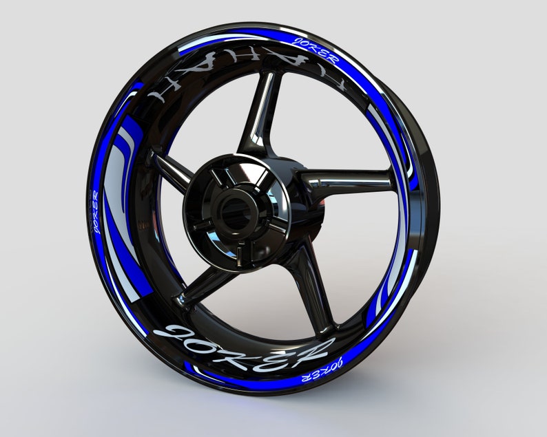 May include: Blue and white motorcycle wheel rim decals with the word "JOKER" repeated around the rim.