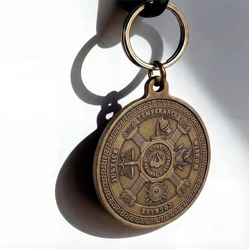 Stoic Virtues Keychain Antique Bronze, Wisdom Courage Justice Key Tag, Philosophy Gift image 8