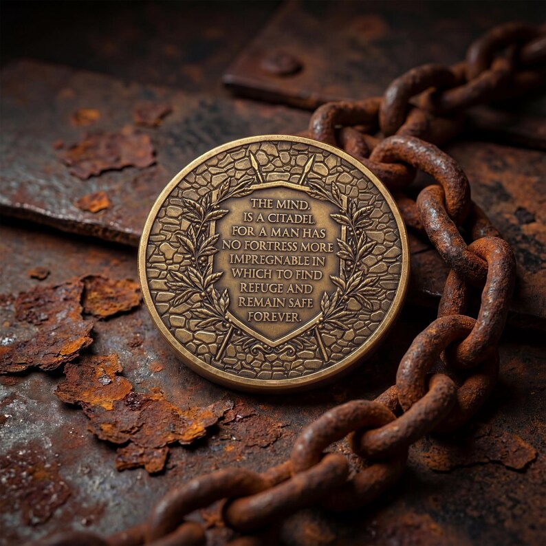 Op de afbeelding: Een ronde, bronskleurige medaille met een reli&euml;f van een schild, lauriertakken en de tekst: THE MIND IS A CITADEL FOR A MAN HAS NO FORTRESS MORE IMPREGNABLE IN WHICH TO FIND REFUGE AND REMAIN SAFE FOREVER. De achtergrond heeft een steenachtige textuur.