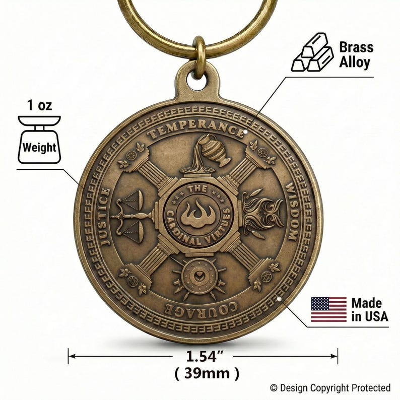 Stoic Virtues Keychain Antique Bronze, Wisdom Courage Justice Key Tag, Philosophy Gift image 4