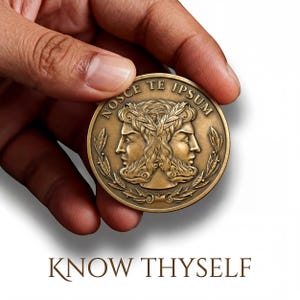 Know Thyself Coin | EDC Reminder Coins | Brass Challenge Coins | Daily Stoic Wisdom Encouragement Medallion Gift | AOE Owl of Athena Coin