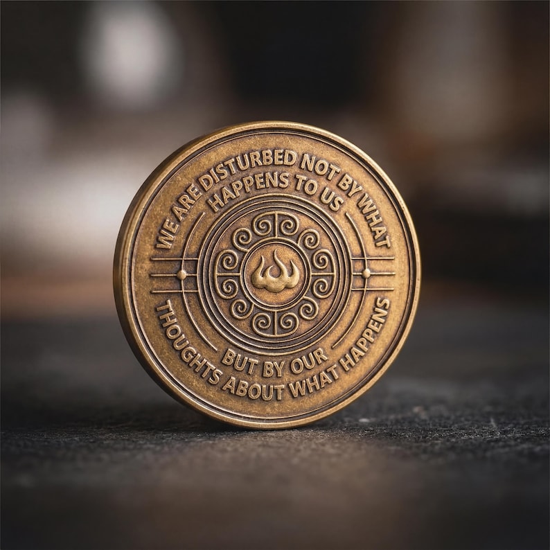 May include: A round bronze-toned metal coin featuring an embossed design with a central flame-like symbol surrounded by a circular pattern of swirls. The text reads: WE ARE DISTURBED NOT BY WHAT HAPPENS TO US BUT BY OUR THOUGHTS ABOUT WHAT HAPPENS.