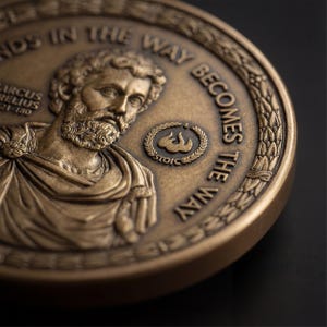 May include: A circular bronze-toned medallion featuring a relief portrait of Marcus Aurelius with the text "THE OBSTACLE IN THE WAY BECOMES THE WAY" and "MARCUS AURELIUS 121-180" along with a small laurel wreath emblem containing the word "STOIC".