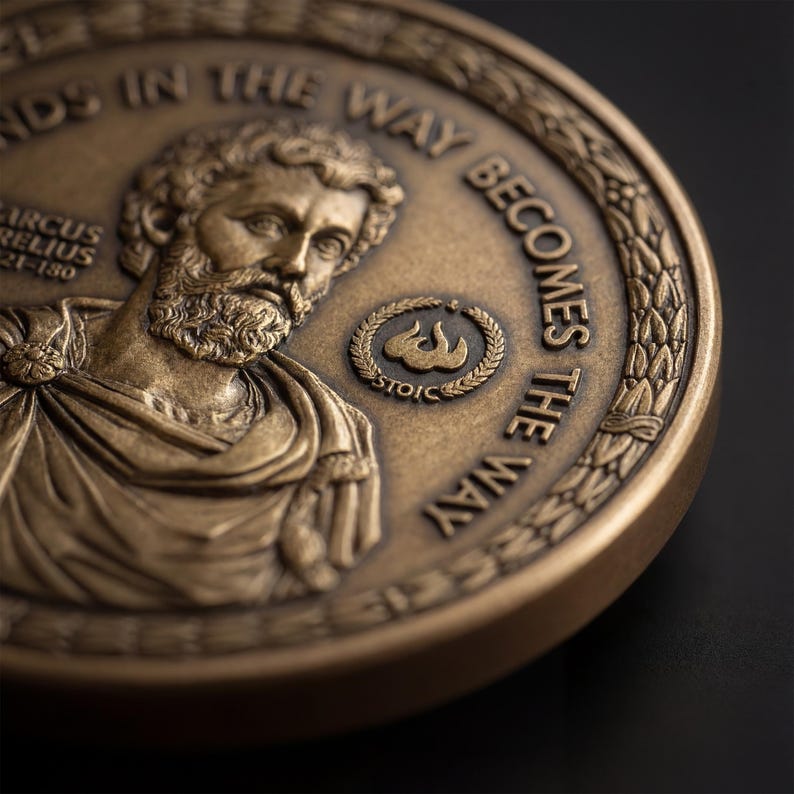 May include: A circular bronze-toned medallion featuring a relief portrait of Marcus Aurelius with the text "THE OBSTACLE IN THE WAY BECOMES THE WAY" and "MARCUS AURELIUS 121-180" along with a small laurel wreath emblem containing the word "STOIC".