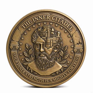 Op de afbeelding: Een ronde, bronskleurige munt met een reli&euml;f van een bebaard figuur met een kasteel in het hoofd verwerkt. De tekst THE INNER CITADEL staat bovenaan en YOUR INNER STRENGTH IS A MIGHTY FORTRESS onderaan, omringd door sterren en laurier.