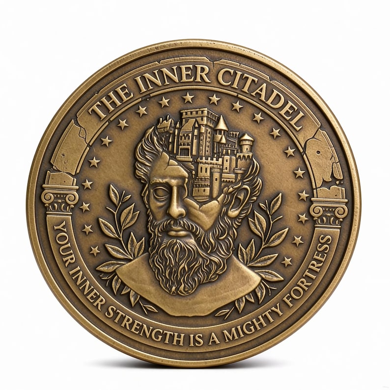 Op de afbeelding: Een ronde, bronskleurige munt met een reli&euml;f van een bebaard figuur met een kasteel in het hoofd verwerkt. De tekst THE INNER CITADEL staat bovenaan en YOUR INNER STRENGTH IS A MIGHTY FORTRESS onderaan, omringd door sterren en laurier.