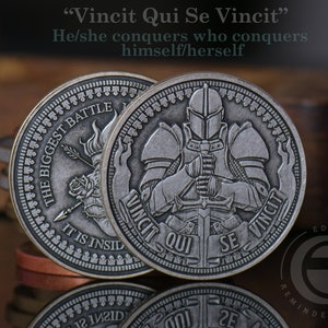 Vincit Qui Se Vincit Coin UPGRADED Latin Motivational Life Quote EDC Reminder Coins Stoic Unique Gift Everyday Carry Challenge Coin image 1