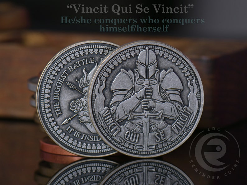 Vincit Qui Se Vincit Coin UPGRADED Latin Motivational Life Quote EDC Reminder Coins Stoic Unique Gift Everyday Carry Challenge Coin image 1