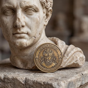 Op de afbeelding: Een ronde bronzen munt met een reli&euml;f van een bebaard figuur met een kasteel in het hoofd verwerkt. De tekst luidt THE INNER CITADEL en YOUR INNER STRENGTH IS A MIGHTY FORTRESS, omringd door sterren en lauwerkransmotieven.