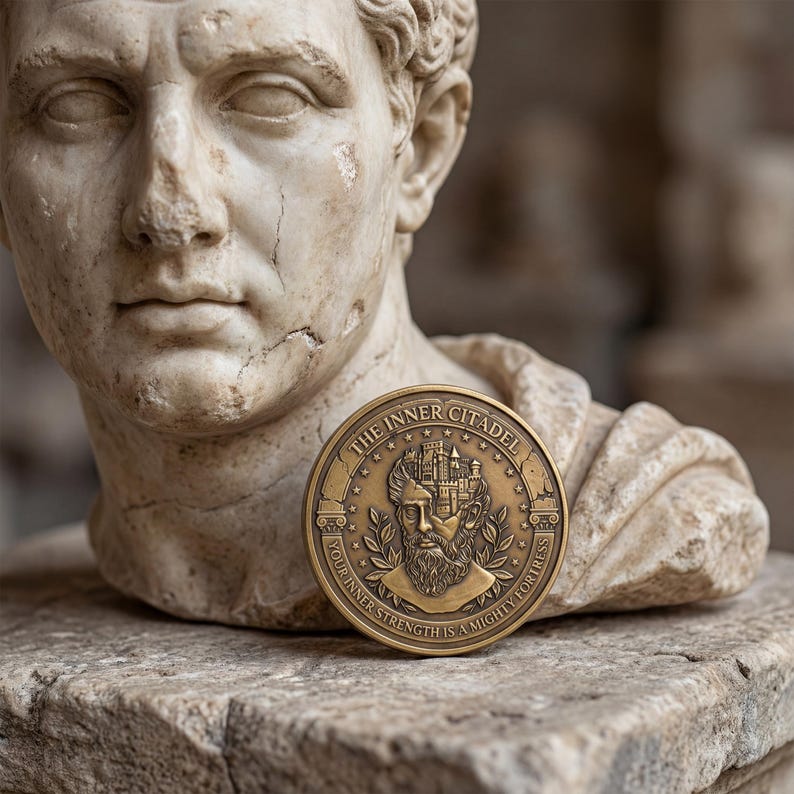 Op de afbeelding: Een ronde bronzen munt met een reli&euml;f van een bebaard figuur met een kasteel in het hoofd verwerkt. De tekst luidt THE INNER CITADEL en YOUR INNER STRENGTH IS A MIGHTY FORTRESS, omringd door sterren en lauwerkransmotieven.