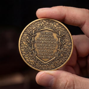 Op de afbeelding: Een ronde, bronskleurige metalen munt met een reli&euml;f van een schild, lauriertakken en een stenen muurtextuur. De tekst in het midden luidt: THE MIND. IS A CITADEL, FOR A MAN HAS NO FORTRESS MORE IMPREGNABLE IN WHICH TO FIND REFUGE AND REMAIN SAFE FOREVER.