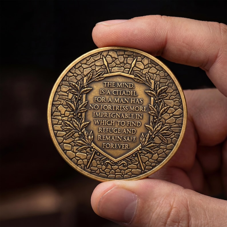Op de afbeelding: Een ronde, bronskleurige metalen munt met een reli&euml;f van een schild, lauriertakken en een stenen muurtextuur. De tekst in het midden luidt: THE MIND. IS A CITADEL, FOR A MAN HAS NO FORTRESS MORE IMPREGNABLE IN WHICH TO FIND REFUGE AND REMAIN SAFE FOREVER.