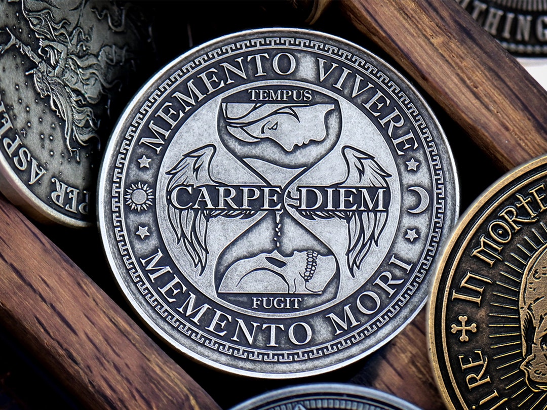 Carpe Diem Memento Mori Coin Medallion Latin Daily Stoic Reminder T Skull Everyday Carry 