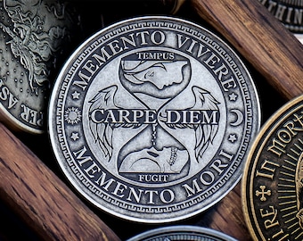 Carpe Diem Memento Mori Coin Medallion | Latin Daily Stoic Reminder Gift | Skull Everyday Carry Stoic Challenge Coin | Seize The Day Coin