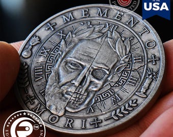 Memento Mori Coin: Antique Silver Finish, Stoic Reminder Medallion