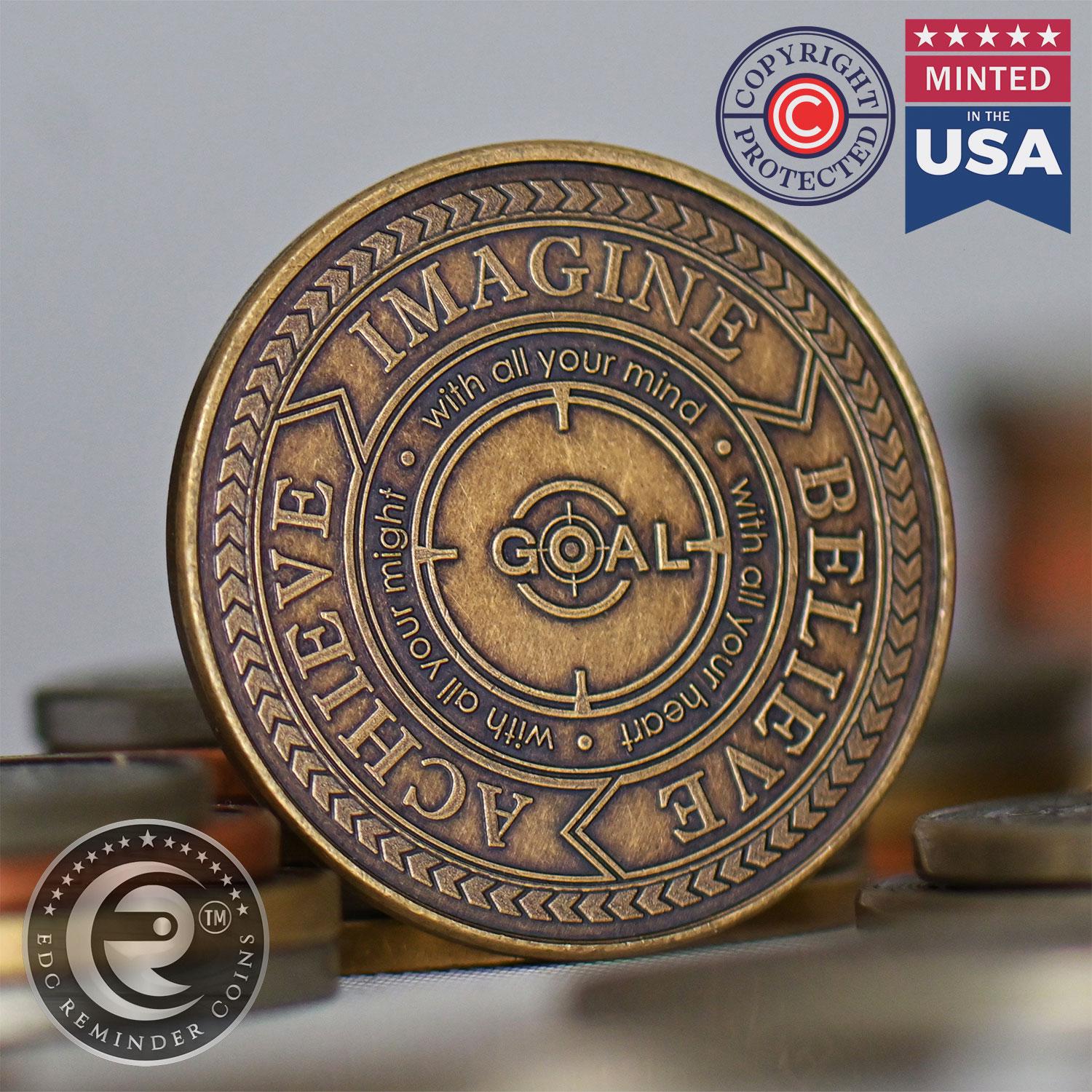 Goal Achiever Coin | EDC Reminder Coins | Everyday Carry Brass Challenge Coins | Goal Reminder Medallion | Daily Quote Coins | Goal Setting