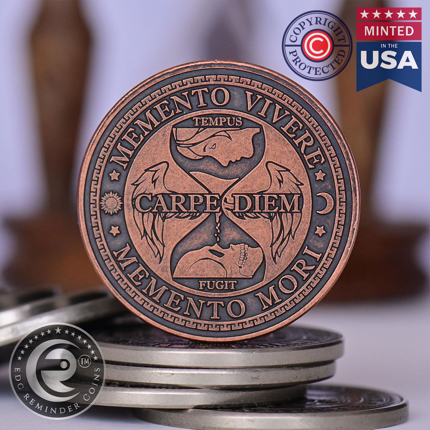 Antique Gold Finish Memento Mori Carpe Diem Challenge Coin - With  Protective Case Stoic Philosophy Token