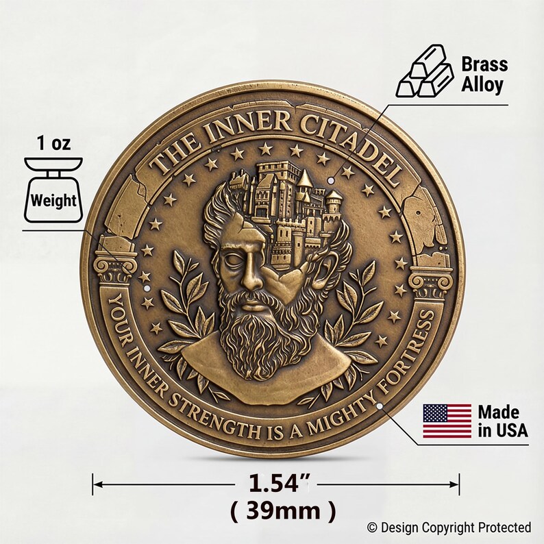 Op de afbeelding: Een ronde munt van een messing legering met een diameter van 39 mm en een gewicht van 28 g. De voorzijde toont een reli&euml;f van een bebaarde figuur met een kasteel in het hoofd verwerkt, omringd door de tekst THE INNER CITADEL en YOUR INNER STRENGTH IS A MIGHTY FORTRESS.
