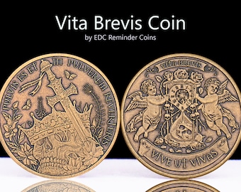 Vita Brevis Coin | EDC Reminder Coins | Daily Stoic Quote Mindset Coin Medallion | Remember You Must Die | EDC Memento Mori Medallion