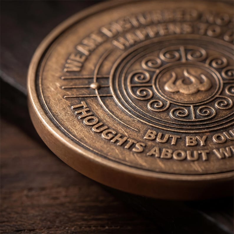 May include: A circular bronze-toned metal coin featuring an embossed central spiral design surrounded by concentric rings and lines. The text WE ARE DISTURBED NOT BY WHAT HAPPENS TO US BUT BY OUR THOUGHTS ABOUT WHAT HAPPENS is engraved along the outer edge.