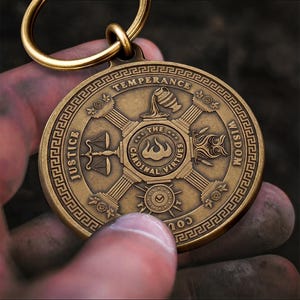 Stoic Virtues Keychain Antique Bronze, Wisdom Courage Justice Key Tag, Philosophy Gift image 1