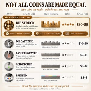 May include: An infographic titled NOT ALL COINS ARE MADE EQUAL comparing manufacturing methods for coins. It details die struck, die cast zinc, laser engraved, acid etched, and printed processes, showing relief profiles, star ratings, and price ranges in dollars.