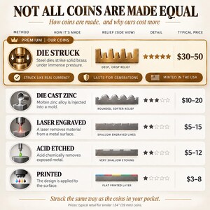 Op de afbeelding: Een infographic getiteld NOT ALL COINS ARE MADE EQUAL die productiemethoden vergelijkt. Het toont details over slaan, spuitgieten, lasergraveren, etsen en printen, inclusief reli&euml;fprofielen, sterbeoordelingen en prijzen in dollars.