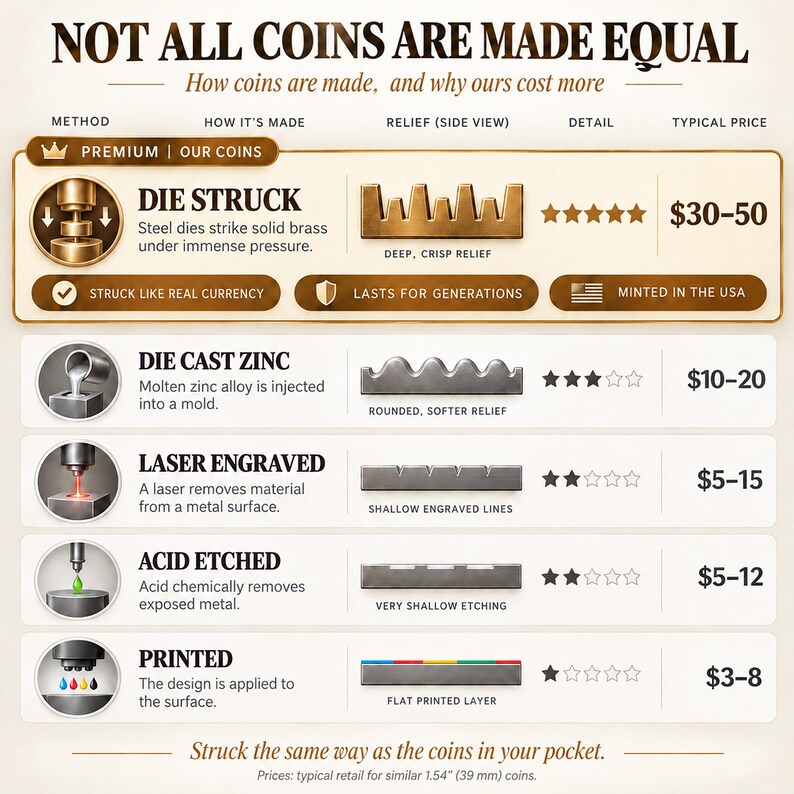 Op de afbeelding: Een infographic getiteld NOT ALL COINS ARE MADE EQUAL die productiemethoden vergelijkt. Het toont details over slaan, spuitgieten, lasergraveren, etsen en printen, inclusief reli&euml;fprofielen, sterbeoordelingen en prijzen in dollars.