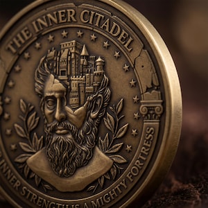 Op de afbeelding: Een ronde bronzen metalen munt met een reli&euml;f van een bebaard figuur met een kasteel ge&iuml;ntegreerd in het hoofd. De tekst THE INNER CITADEL staat bovenaan en INNER STRENGTH IS A MIGHTY FORTRESS onderaan, omringd door kleine sterren.