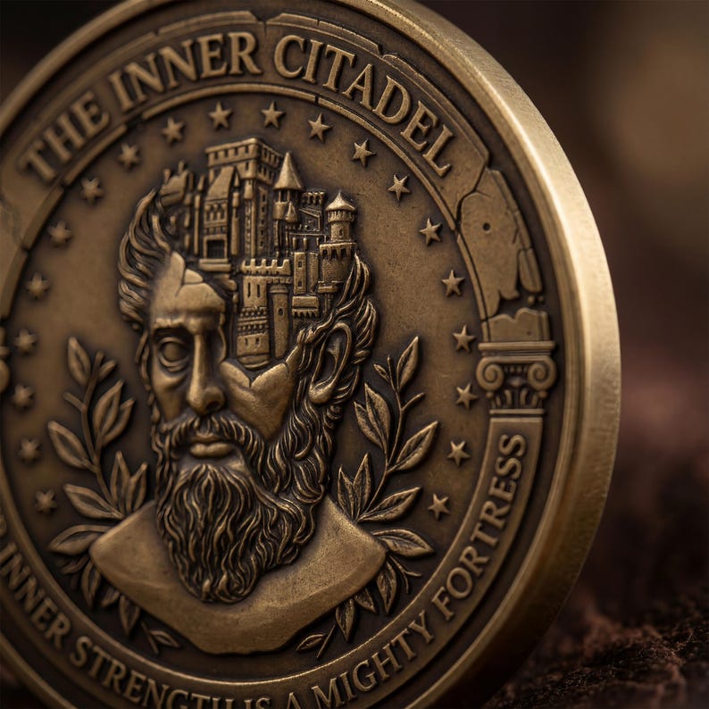 Op de afbeelding: Een ronde bronzen metalen munt met een reli&euml;f van een bebaard figuur met een kasteel ge&iuml;ntegreerd in het hoofd. De tekst THE INNER CITADEL staat bovenaan en INNER STRENGTH IS A MIGHTY FORTRESS onderaan, omringd door kleine sterren.