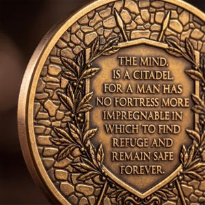 Op de afbeelding: Een cirkelvormige medaille in bronskleur met een reli&euml;fontwerp van een stenen muur en een centraal schild. Het schild is omlijst door lauriertakken en bevat de tekst: THE MIND, IS A CITADEL, FOR A MAN HAS NO FORTRESS MORE IMPREGNABLE IN WHICH TO FIND REFUGE AND REMAIN SAFE FOREVER.