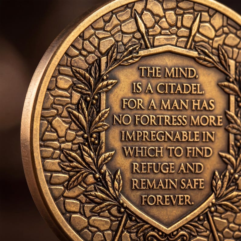 Op de afbeelding: Een cirkelvormige medaille in bronskleur met een reli&euml;fontwerp van een stenen muur en een centraal schild. Het schild is omlijst door lauriertakken en bevat de tekst: THE MIND, IS A CITADEL, FOR A MAN HAS NO FORTRESS MORE IMPREGNABLE IN WHICH TO FIND REFUGE AND REMAIN SAFE FOREVER.