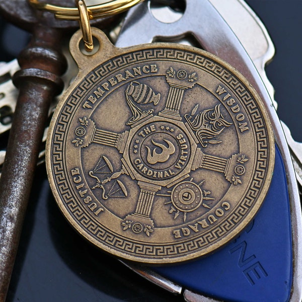 Stoic Virtues Key Tag| Daily Stoic Philosophy | Motivational Keychain Stoic Mindset | EDC Reminder Coins | Marcus Aurelius Wisdom | EDC Coin