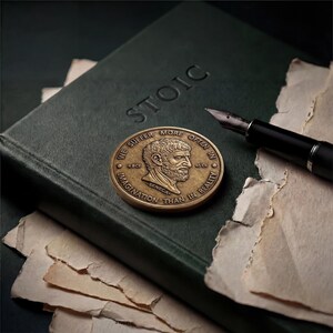 May include: A bronze-colored circular coin featuring a relief portrait of Seneca and the text WE SUFFER MORE OFTEN IN IMAGINATION THAN IN REALITY, 4 BCE - 65 CE, resting on a dark green book embossed with the word STOIC, alongside a black fountain pen.