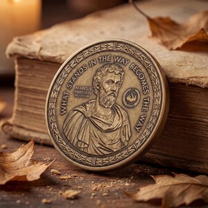 May include: A round bronze-toned metal coin featuring a relief portrait of Marcus Aurelius. The text reads "WHAT STANDS IN THE WAY BECOMES THE WAY" and "MARCUS AURELIUS AD 121-180" with a small flame icon. The border is decorated with a laurel wreath pattern.