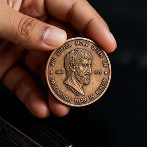 May include: A round bronze-toned metal coin featuring a relief portrait of Seneca in the center. The text reads WE SUFFER MORE OFTEN IN IMAGINATION THAN IN REALITY, with 4 BCE and 65 CE on either side of the portrait and SENECA below it.