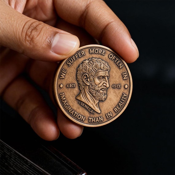 Seneca Stoic Challenge Coin Antique Bronze, Anxiety Worry Token, Overthinker Gift