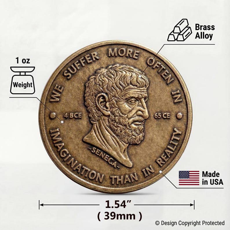 May include: A round brass alloy coin featuring a relief portrait of Seneca with the text WE SUFFER MORE OFTEN IN IMAGINATION THAN IN REALITY, 4 BCE, 65 CE, and SENECA. The coin has a weight of 1 oz and a diameter of 1.54 inches, made in USA.