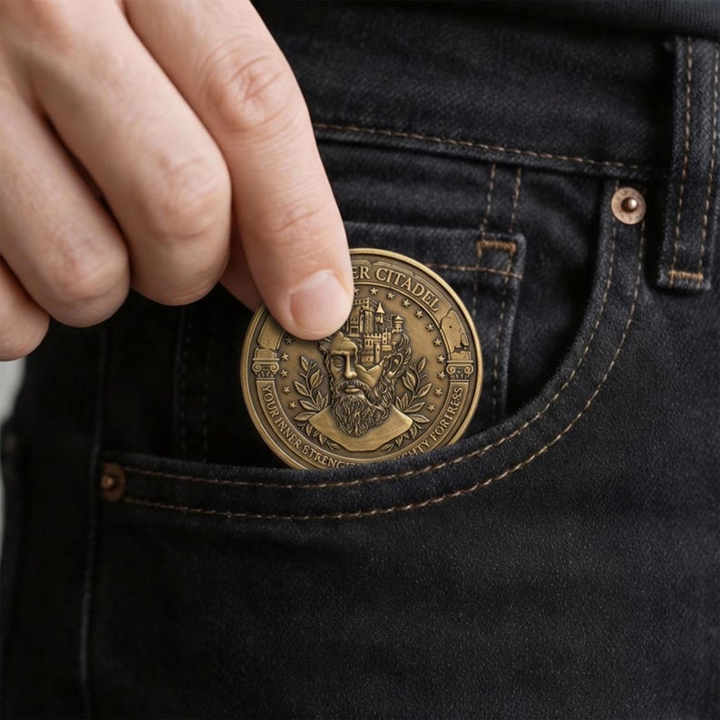 Op de afbeelding: Een ronde bronzen munt met een antieke afwerking, voorzien van een reli&euml;f van een bebaarde man met een kasteel in zijn hoofd verwerkt. De tekst luidt INNER CITADEL en YOUR INNER STRENGTH IS A MIGHTY FORTRESS, omringd door sterren en lauweren.