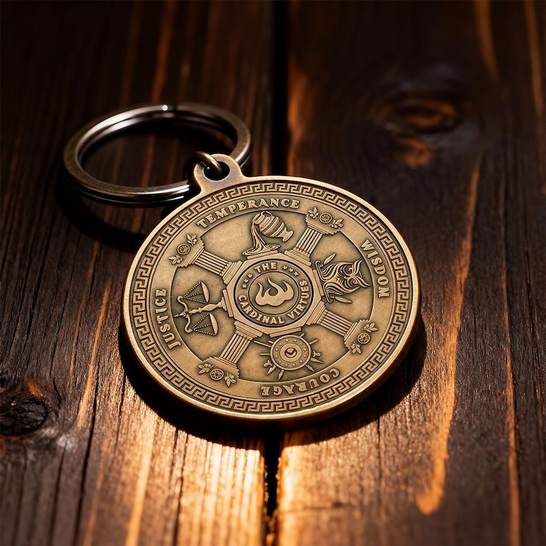 Stoic Virtues Keychain Antique Bronze, Wisdom Courage Justice Key Tag, Philosophy Gift image 6