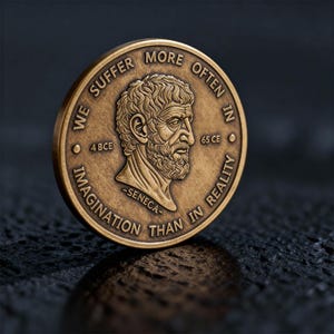 May include: A circular bronze-toned metal coin featuring a relief portrait of Seneca in the center. The text WE SUFFER MORE OFTEN IN IMAGINATION THAN IN REALITY is embossed around the edge, with 4 BCE and 65 CE flanking the portrait.
