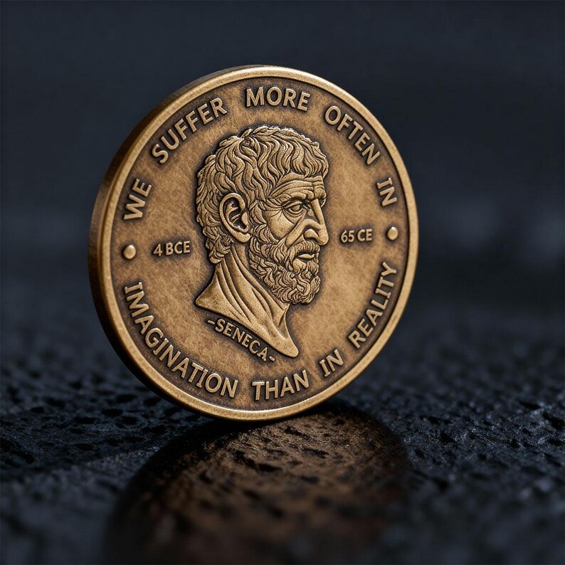 May include: A circular bronze-toned metal coin featuring a relief portrait of Seneca in the center. The text WE SUFFER MORE OFTEN IN IMAGINATION THAN IN REALITY is embossed around the edge, with 4 BCE and 65 CE flanking the portrait.