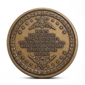 May include: A round bronze-colored medallion featuring an embossed laurel wreath border with small stars. The center displays the text: IT IS IN THE STRUGGLE THAT WE DISCOVER OUR TRUE POTENTIAL, FOR WHAT STAYS IN THE WAY SHAPES WHO WE BECOME.