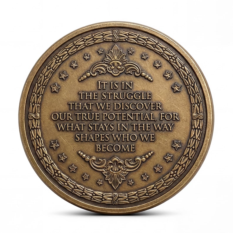 May include: A round bronze-colored medallion featuring an embossed laurel wreath border with small stars. The center displays the text: IT IS IN THE STRUGGLE THAT WE DISCOVER OUR TRUE POTENTIAL, FOR WHAT STAYS IN THE WAY SHAPES WHO WE BECOME.