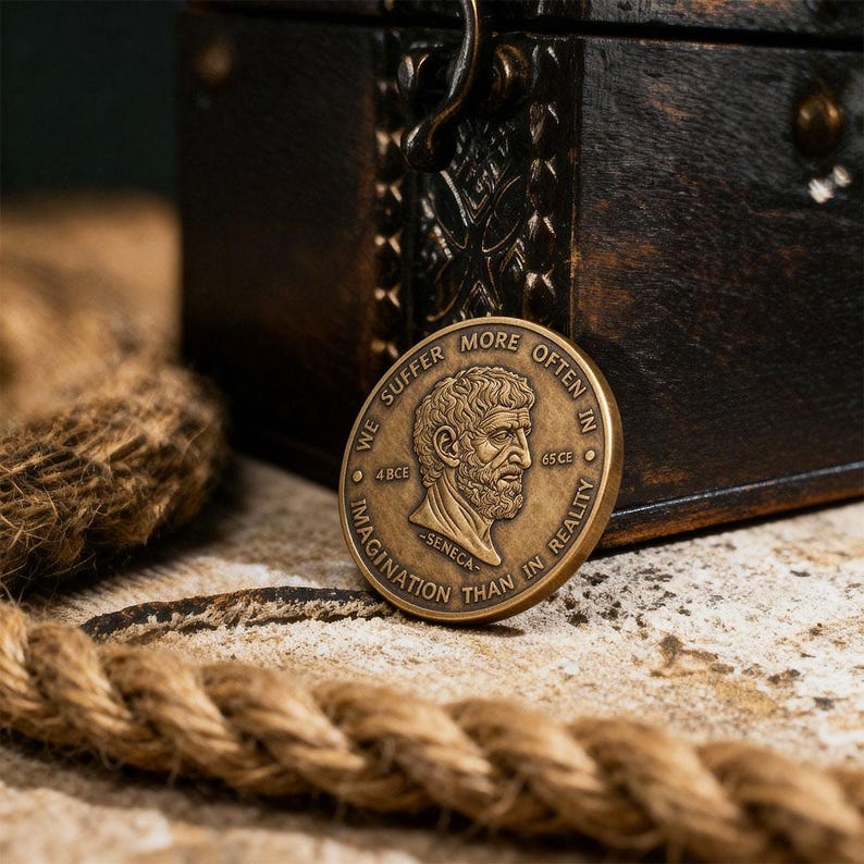 May include: A round bronze-toned metal coin featuring a relief portrait of Seneca in the center. The text WE SUFFER MORE OFTEN IN IMAGINATION THAN IN REALITY is embossed around the edge, with 4 BCE and 65 CE printed on either side of the portrait.