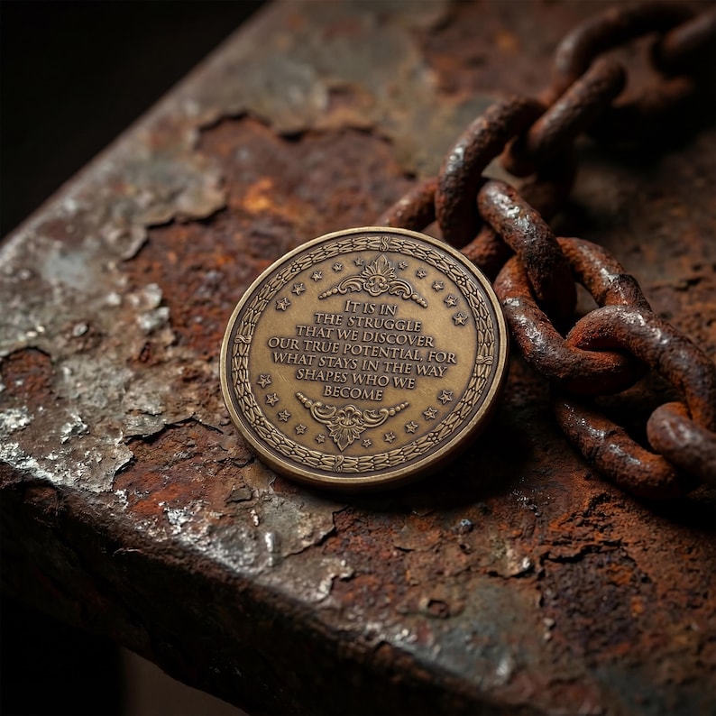 May include: A round bronze-toned metal coin featuring an embossed border of stars and decorative flourishes. The center text reads: IT IS IN THE STRUGGLE THAT WE DISCOVER OUR TRUE POTENTIAL. FOR WHAT STAYS IN THE WAY SHAPES WHO WE BECOME.