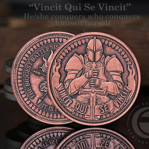 Vincit Qui Se Vincit Coin (UPGRADED) | EDC Reminder Copper Challenge Coin | Latin Daily Stoic Life Motivation Quotes | Stoicism Gift Idea